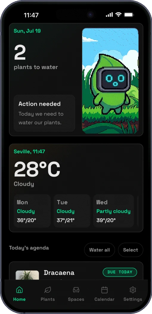 Mossumi's mobile home screen showing a care summary, weather, and today's agenda